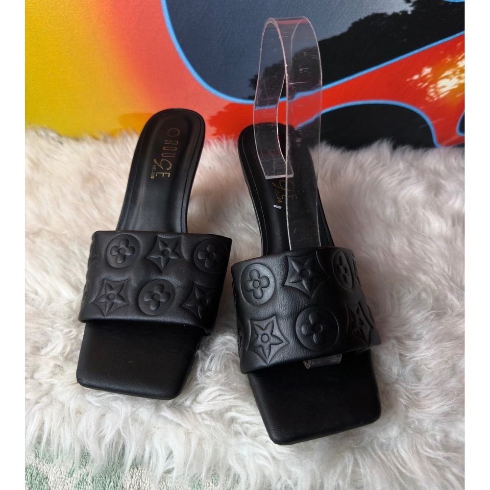Rouge Helium Black Embossed Square Toe Kitten Heel Slide Sandals Womens 7.5 37.5